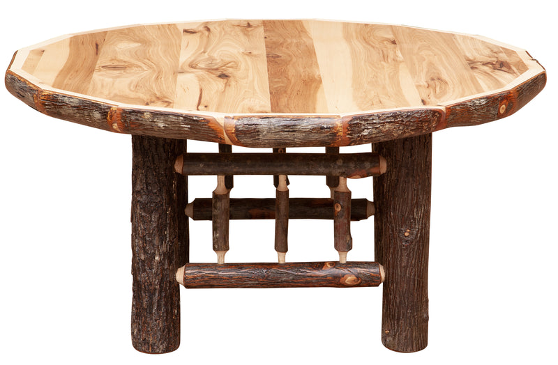 Side view of the Vermillion Peak Hickory Log Round Coffee Table showing hickory twig accents between the legs
