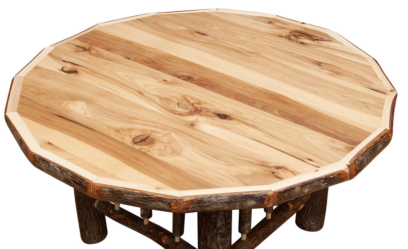 Close-up of the Vermillion Peak Hickory Log Round Coffee Table round hickory top grain