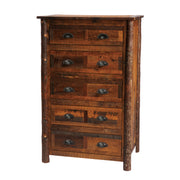 Angled view of the tall Vestal Peak Barnwood and Hickory Chest of Drawers showing five drawers and hickory log accents