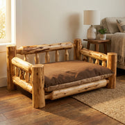 Watanga Mountain Cedar Log Dog Bed in a rustic cabin living room