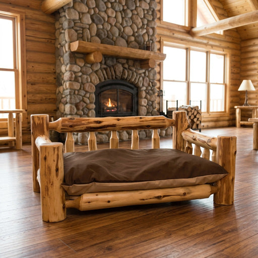 Watanga Mountain Cedar Log Dog Bed staged in a sunlit log cabin living room
