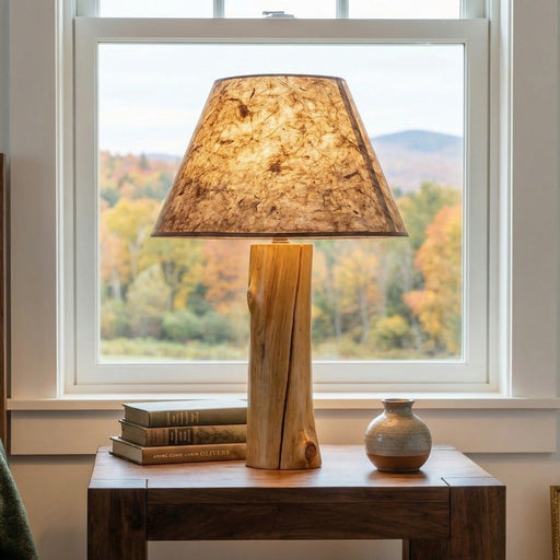 West Elk Peak Large Rustic Lamp Shade on a table lamp in a cabin bedroom