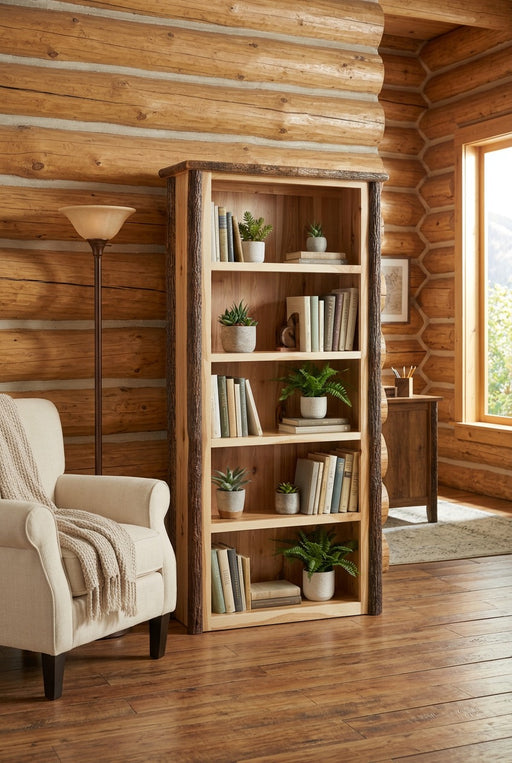 Weston Peak Hickory Log Five Shelf Bookcase staged in a sunlit log cabin home office