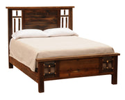 Angled view of the Wetterhorn Barnwood and Hickory Log Bed showing windowpane hickory accents on the headboard and footboard