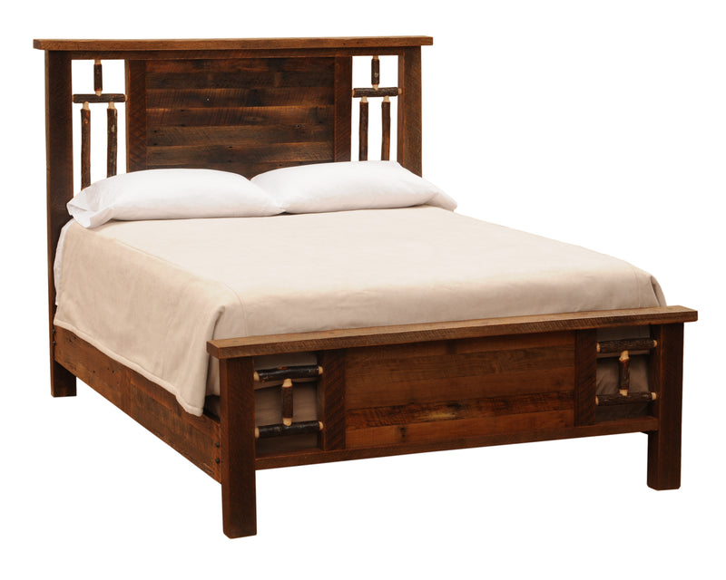 Angled view of the Wetterhorn Barnwood and Hickory Log Bed showing windowpane hickory accents on the headboard and footboard