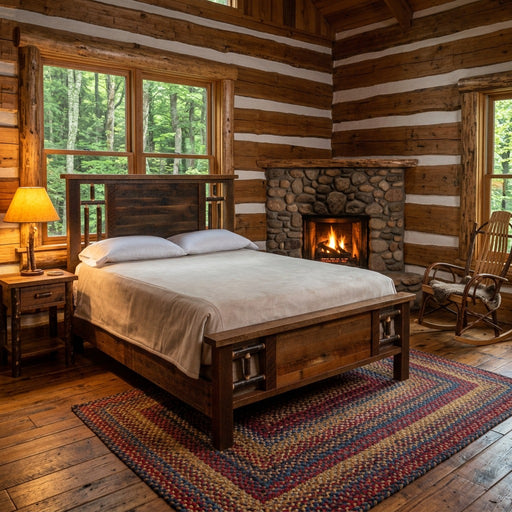 Wetterhorn Barnwood and Hickory Log Bed staged in a chinked log cabin bedroom with river rock fireplace and braided rug