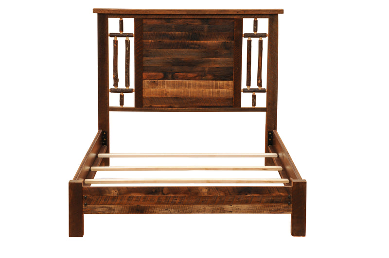 Front frame view of the Wetterhorn Barnwood and Hickory Log Bed with slats and low footboard