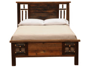 Front view of the Wetterhorn Barnwood and Hickory Log Bed with reclaimed oak panels and bark-on hickory logs