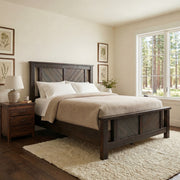 Wetterhorn Peak Pine Carriage House Bed with a matching nightstand in a bright cabin bedroom