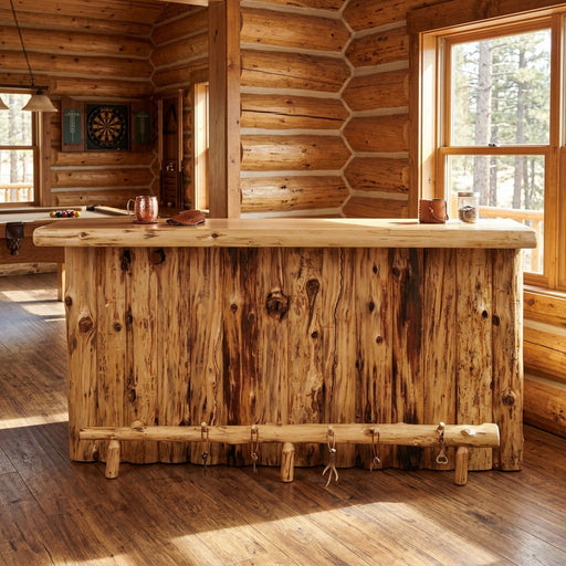 Whale Peak Cedar Log Bar with Storage Cabinet staged in a sunlit log cabin game room