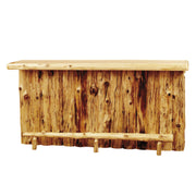 Front view of the Whale Peak Cedar Log Bar with Storage Cabinet showing the customer side and foot rail
