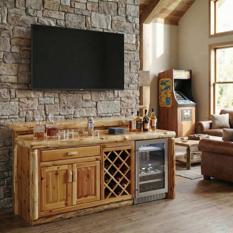 Whale Peak Cedar Log Bar with Storage Cabinet in a bright cabin game room