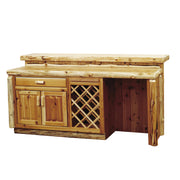 Server side of the Whale Peak Cedar Log Bar with Storage Cabinet showing the wine rack and refrigerator opening