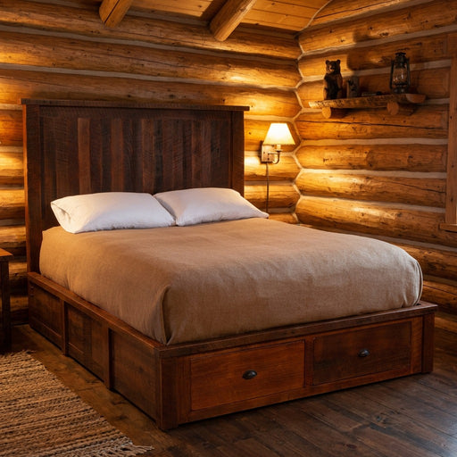 Wheeler Mountain Reclaimed Barnwood Footboard Dresser staged at the foot of a barnwood platform bed in a log cabin bedroom