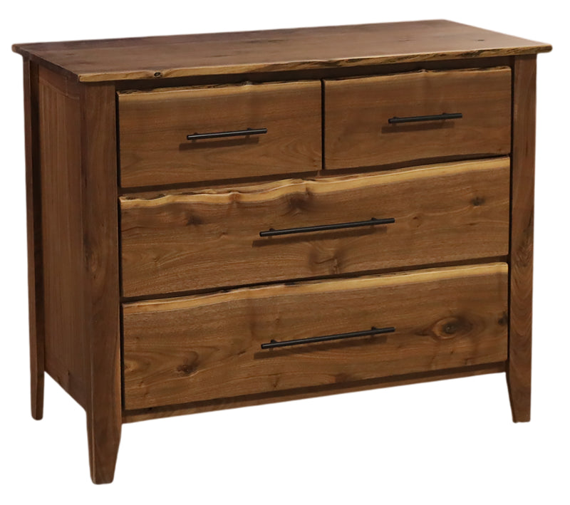 Angled view of the Whetstone Mountain Live Edge Walnut Four Drawer Lowboy