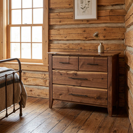 Whetstone Mountain Live Edge Walnut Four Drawer Lowboy staged in a sunlit log cabin bedroom