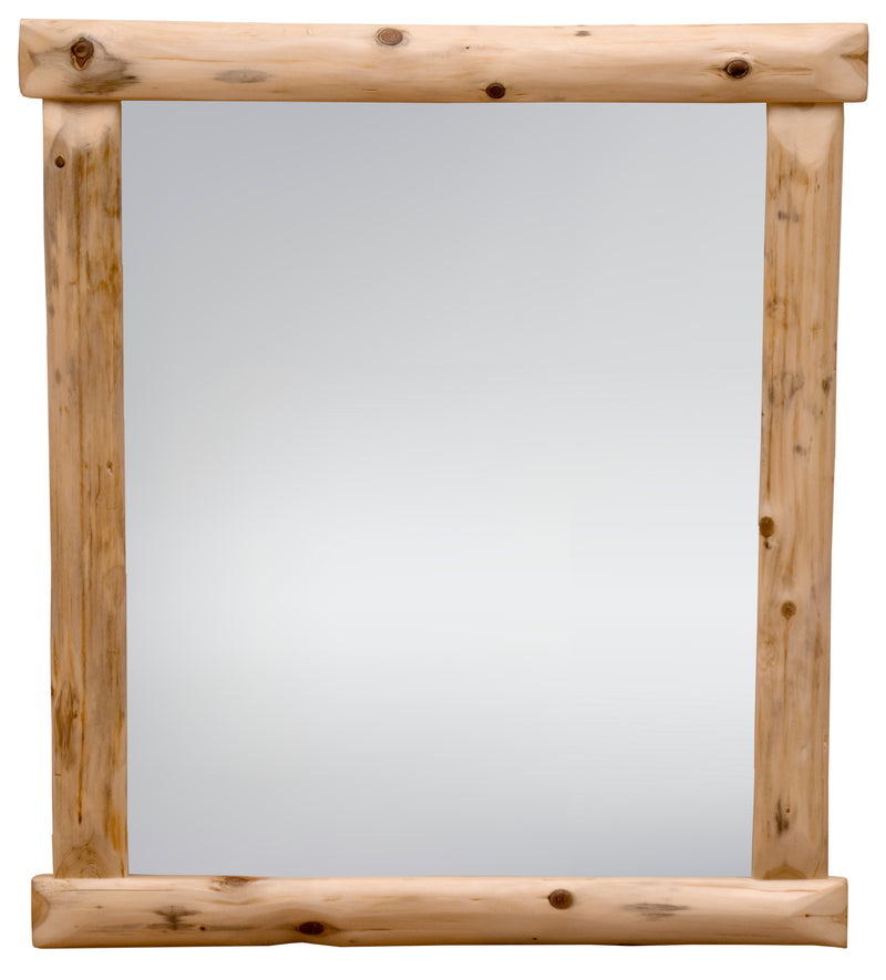 Angled view of the Whitehouse Mountain Cedar Log Wall Mirror