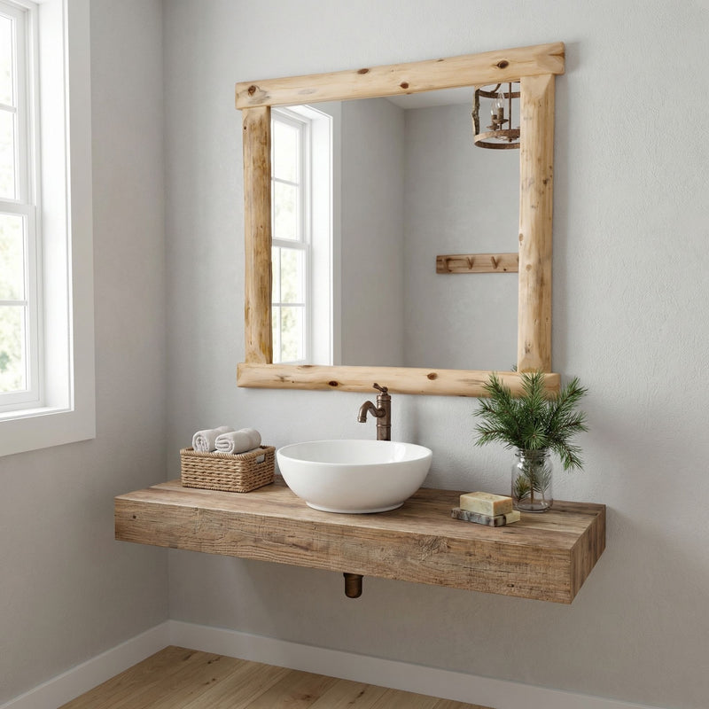 Whitehouse Mountain Cedar Log Wall Mirror above a vanity in a cabin bathroom
