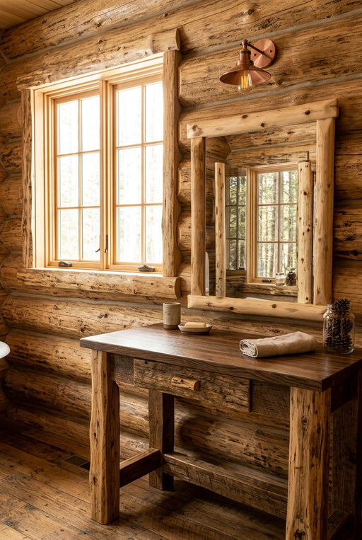 Whitehouse Mountain Cedar Log Wall Mirror staged in a sunlit log cabin bathroom