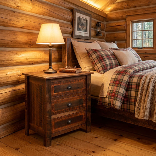 Wilson Peak Reclaimed Barnwood Three Drawer Bedside Chest staged with a lamp beside a plaid bed in a log cabin bedroom