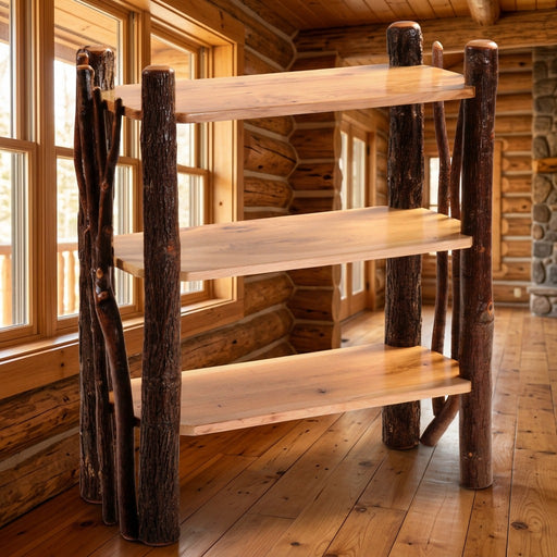 Wolcott Mountain Hickory Log Open Bookcase with Twig Accents staged in a sunlit log cabin home office