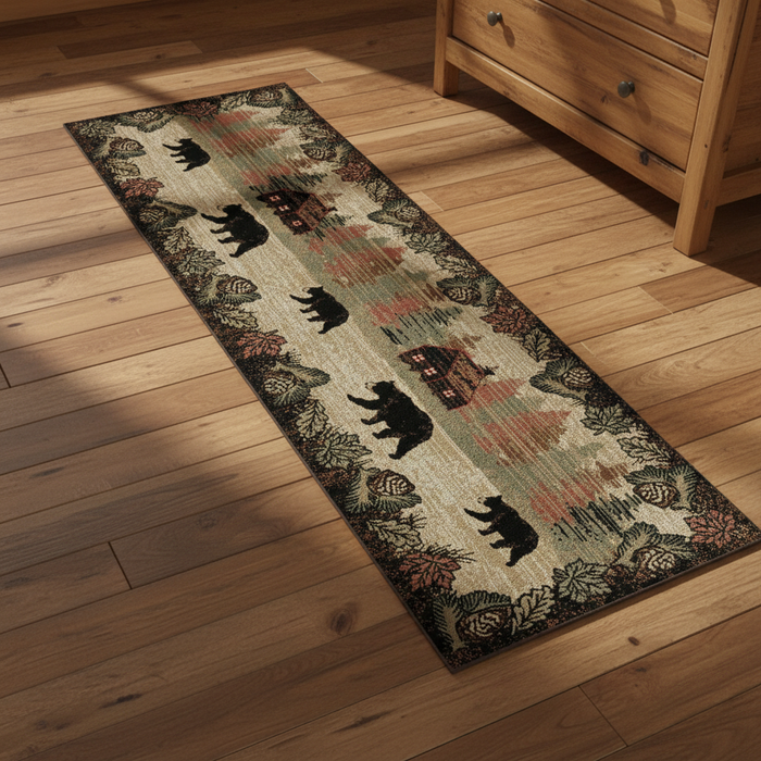 Rug with bear and cabin design on a white background