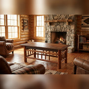 Woods Mountain Barnwood and Hickory Rectangle Coffee Table in a log cabin living room by a stone fireplace