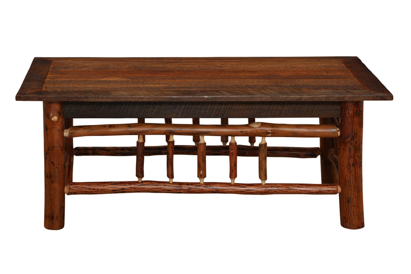 Front view of the Woods Mountain Barnwood and Hickory Rectangle Coffee Table
