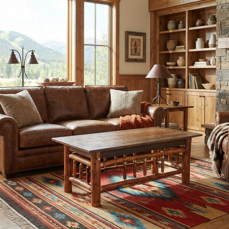 Woods Mountain Barnwood and Hickory Rectangle Coffee Table in front of a sofa in a sunny living room