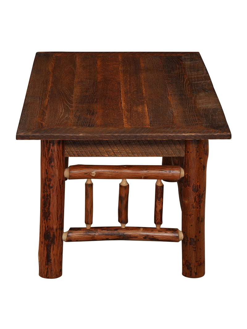 Side view of the Woods Mountain Barnwood and Hickory Rectangle Coffee Table