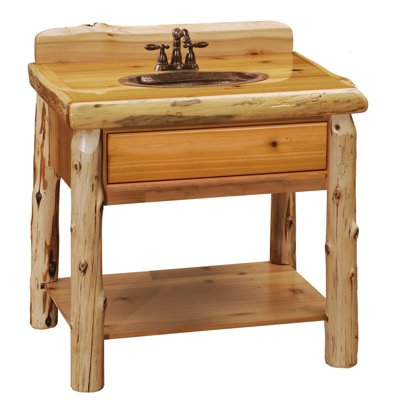 Angled view of the Wrights Peak Cedar Log Open Vanity with Slab Top