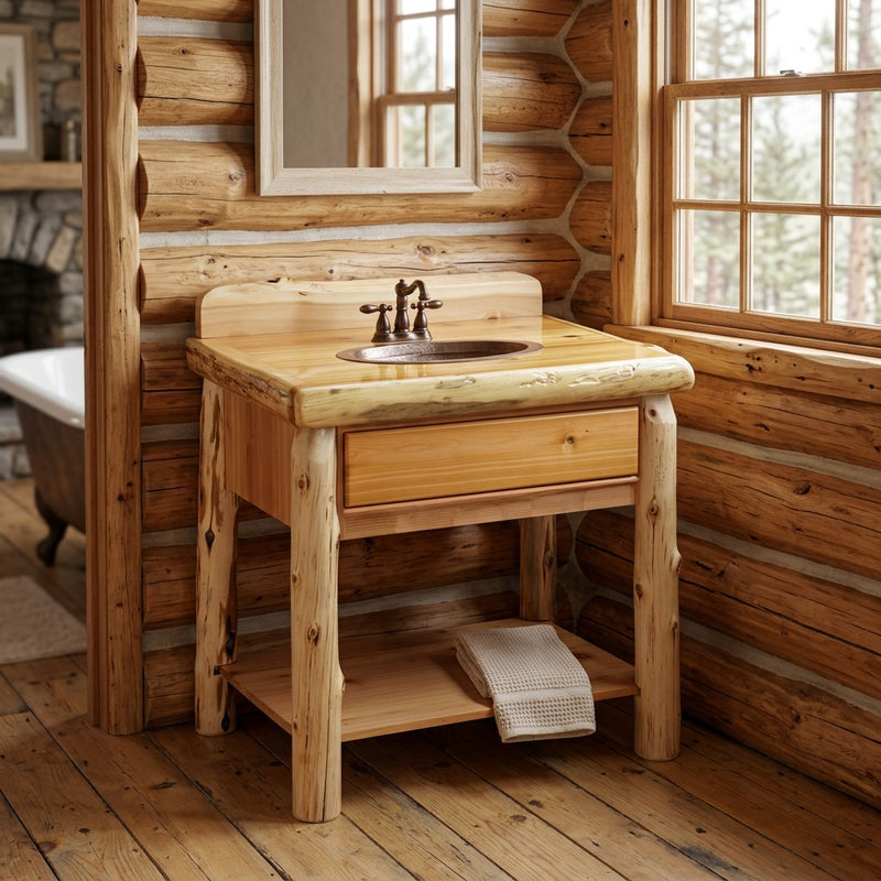 Wrights Peak Cedar Log Open Vanity with Slab Top staged in a sunlit log cabin bathroom