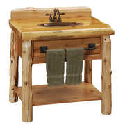Wrights Peak Cedar Log Open Vanity with Slab Top with the optional log towel bar