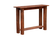 Angled view of the Ypsilon Mountain Reclaimed Barnwood Open Shelf Sofa Table showing the reclaimed oak top and lower shelf