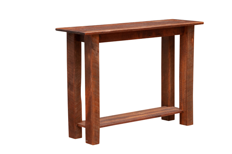 Angled view of the Ypsilon Mountain Reclaimed Barnwood Open Shelf Sofa Table showing the reclaimed oak top and lower shelf