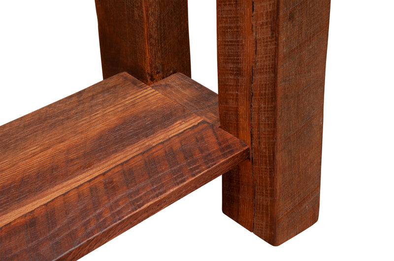 Close-up of the Ypsilon Mountain Reclaimed Barnwood Open Shelf Sofa Table lower shelf joinery