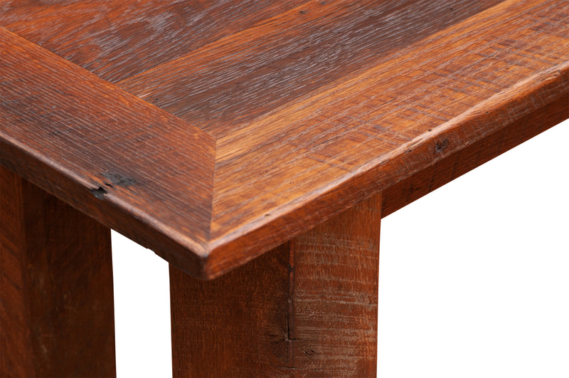 Close-up of the Ypsilon Mountain Reclaimed Barnwood Open Shelf Sofa Table reclaimed oak top corner