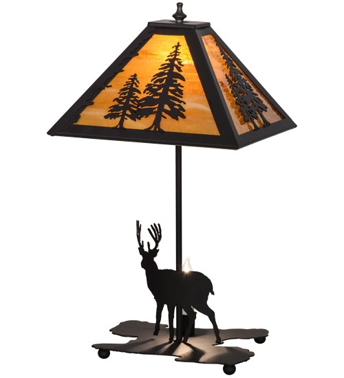 Black High Deer Forest Pine Table Lamp On | The Cabin Shack