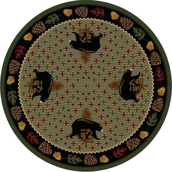Cabin Rugs | Patchwork Bear Green Lodge Rug Round | The Cabin Shack