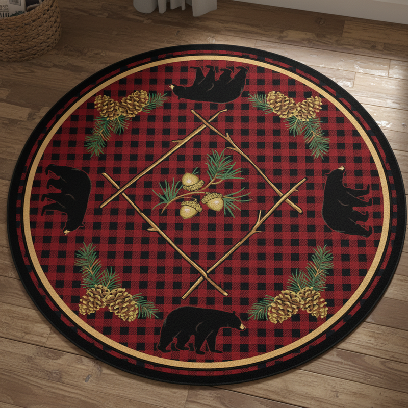 A circular decorative rug or mat featuring a red and black buffalo plaid background with black bear silhouettes, pine trees, pinecones, acorns, and crossed wooden poles arranged symmetrically.
